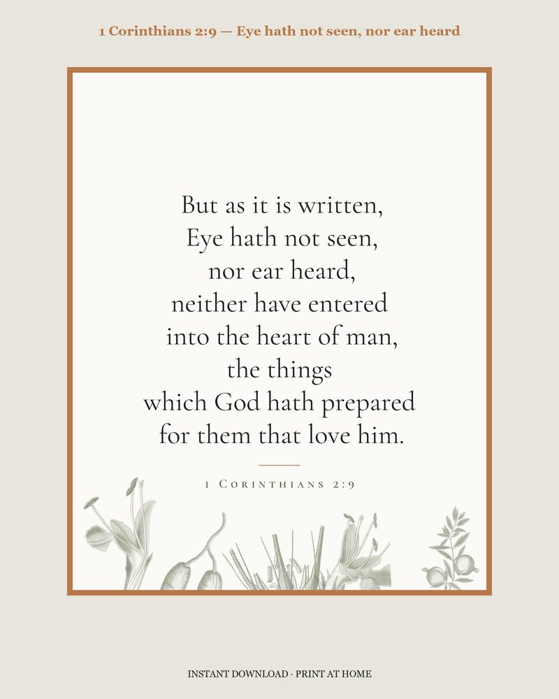 1 Corinthians 2:9 — Verse family bundle · card, copywork, colouring page and wall card
