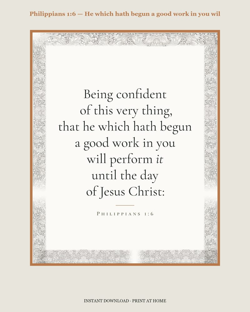 Philippians 1:6 — Verse family bundle · card, copywork, colouring page and wall card