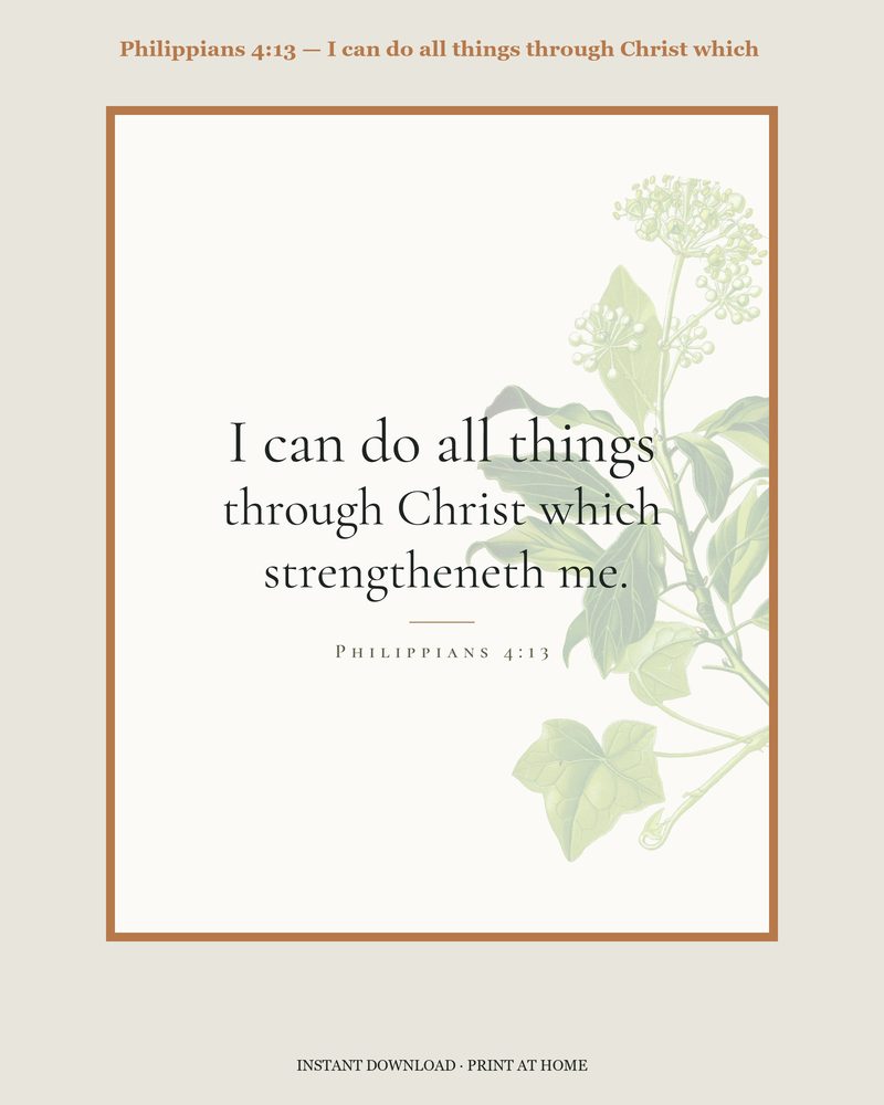 Philippians 4:13 — Verse family bundle · card, copywork, colouring page and wall card
