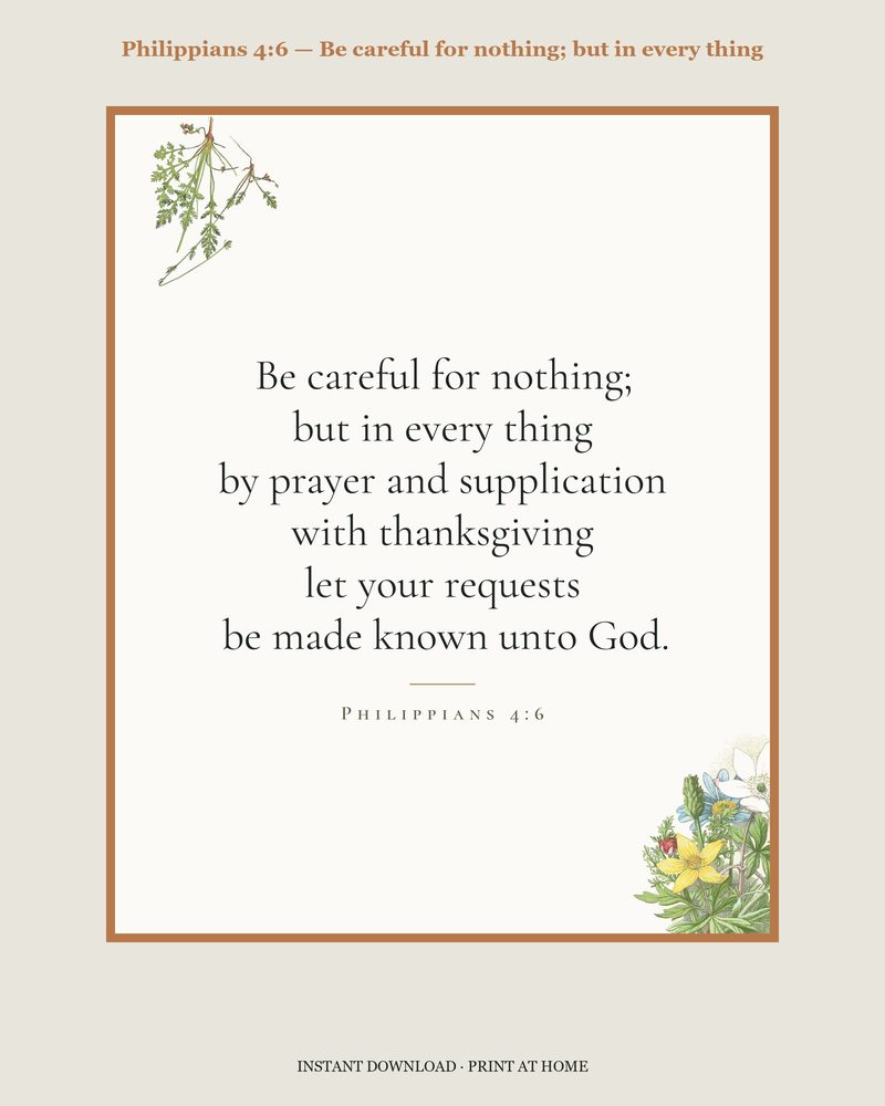 Philippians 4:6 — Verse family bundle · card, copywork, colouring page and wall card
