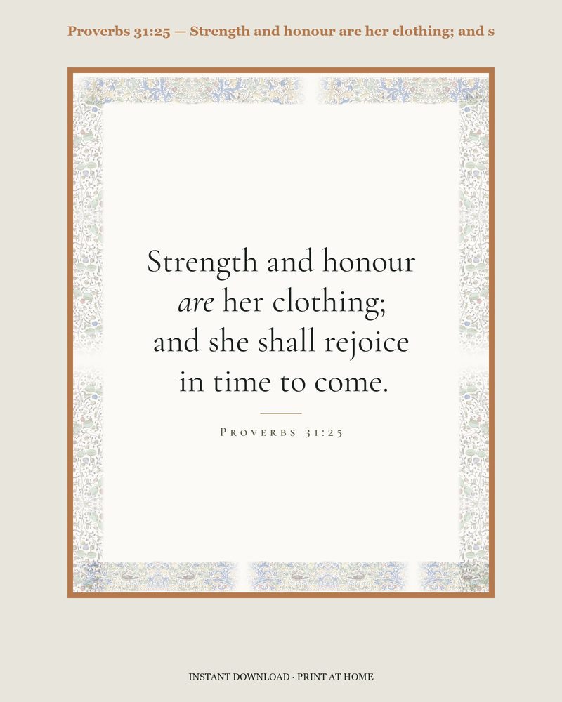 Proverbs 31:25 — Verse family bundle · card, copywork, colouring page and wall card
