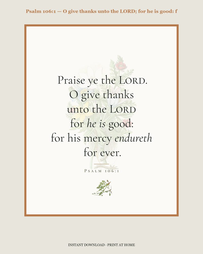 Psalm 106:1 — Verse family bundle · card, copywork, colouring page and wall card