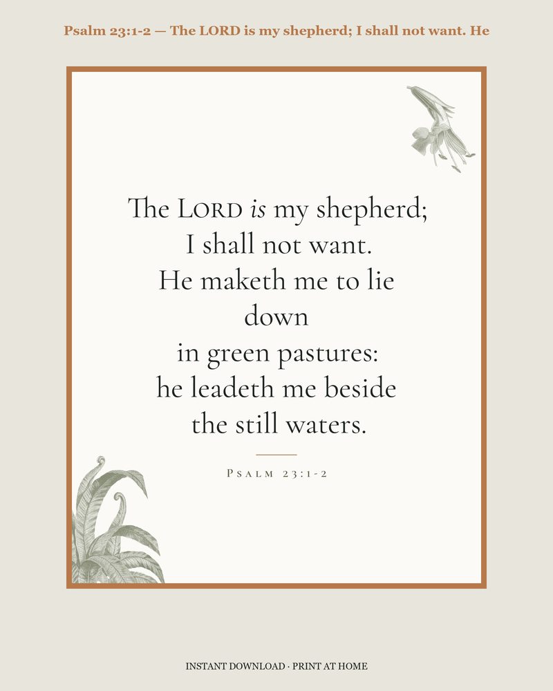 Psalm 23:1-2 — Verse family bundle · card, copywork, colouring page and wall card