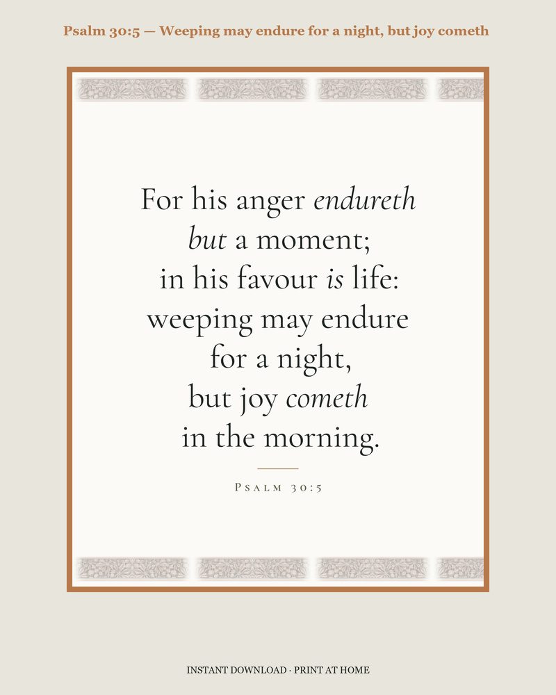 Psalm 30:5 — Verse family bundle · card, copywork, colouring page and wall card