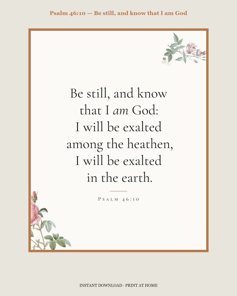Psalm 46:10 — Verse family bundle · card, copywork, colouring page and wall card
