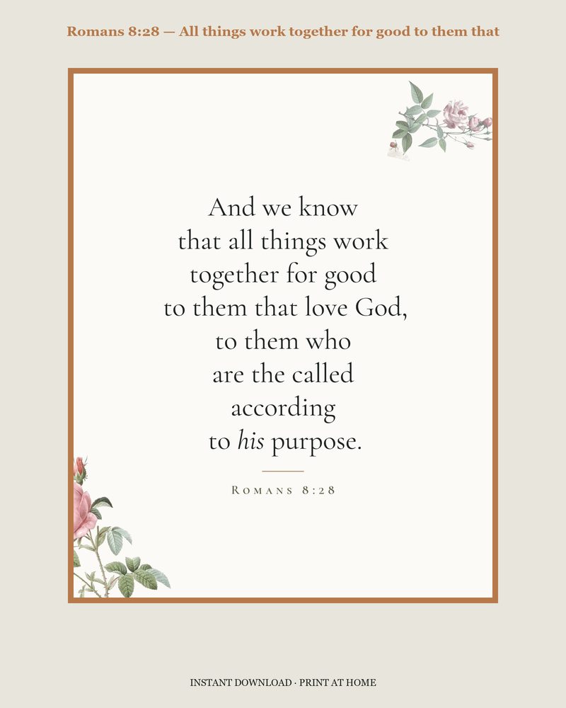 Romans 8:28 — Verse family bundle · card, copywork, colouring page and wall card