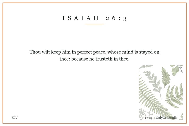Memory card 1 of 12: Isaiah 26:3 in the King James wording, with a fern sprig