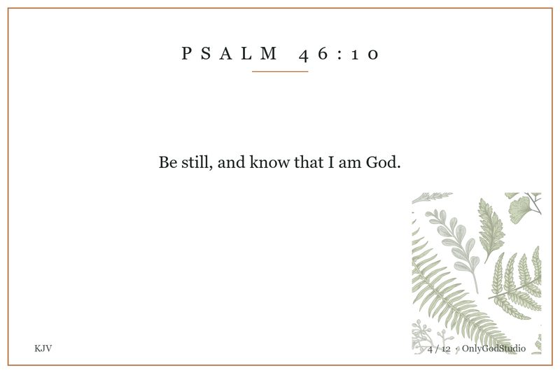 Memory card 4 of 12: Psalm 46:10 in the King James wording, with a fern sprig