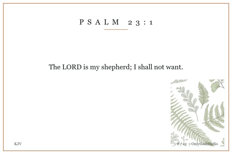 Memory card 8 of 12: Psalm 23:1 in the King James wording, with a fern sprig