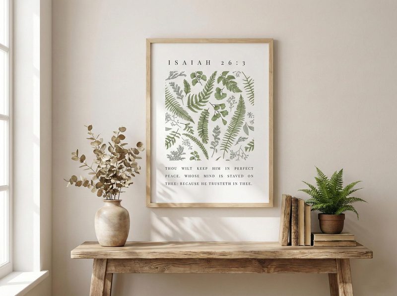 Isaiah 26:3 KJV fern wall art — the print in a red oak frame, on a console table by a window, room view