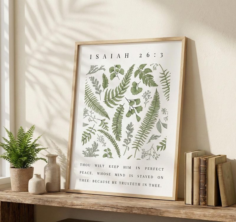 Isaiah 26:3 KJV fern wall art — the print in a red oak frame, on a bench with books and a fern