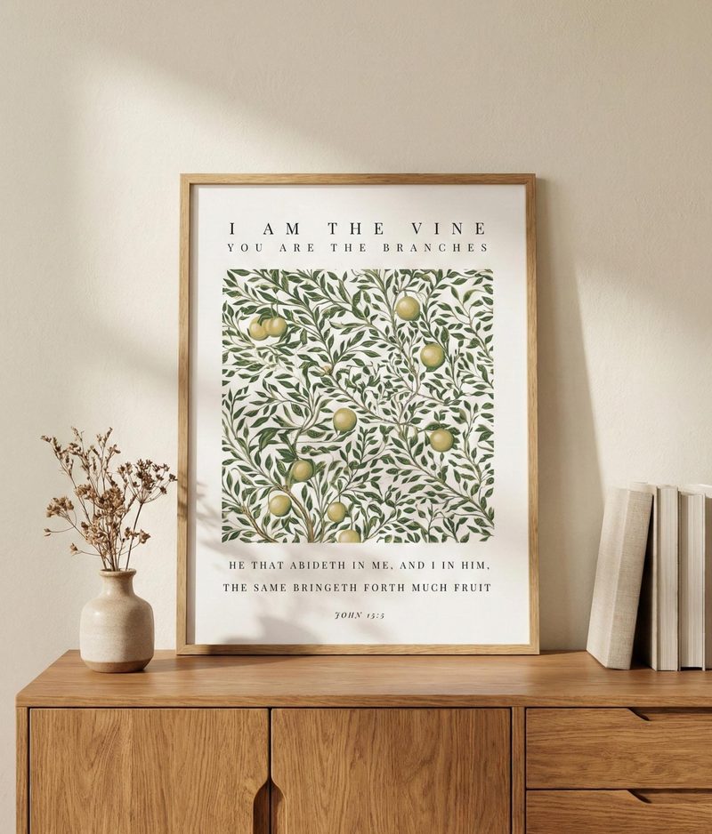 John 15:5 KJV vine wall art — the print in a red oak frame, on a sideboard with books