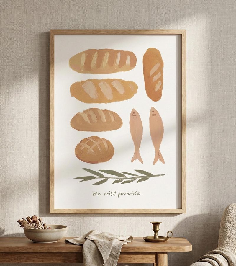 Loaves and Fishes KJV still life wall art — the print in a red oak frame, on a table with a linen cloth