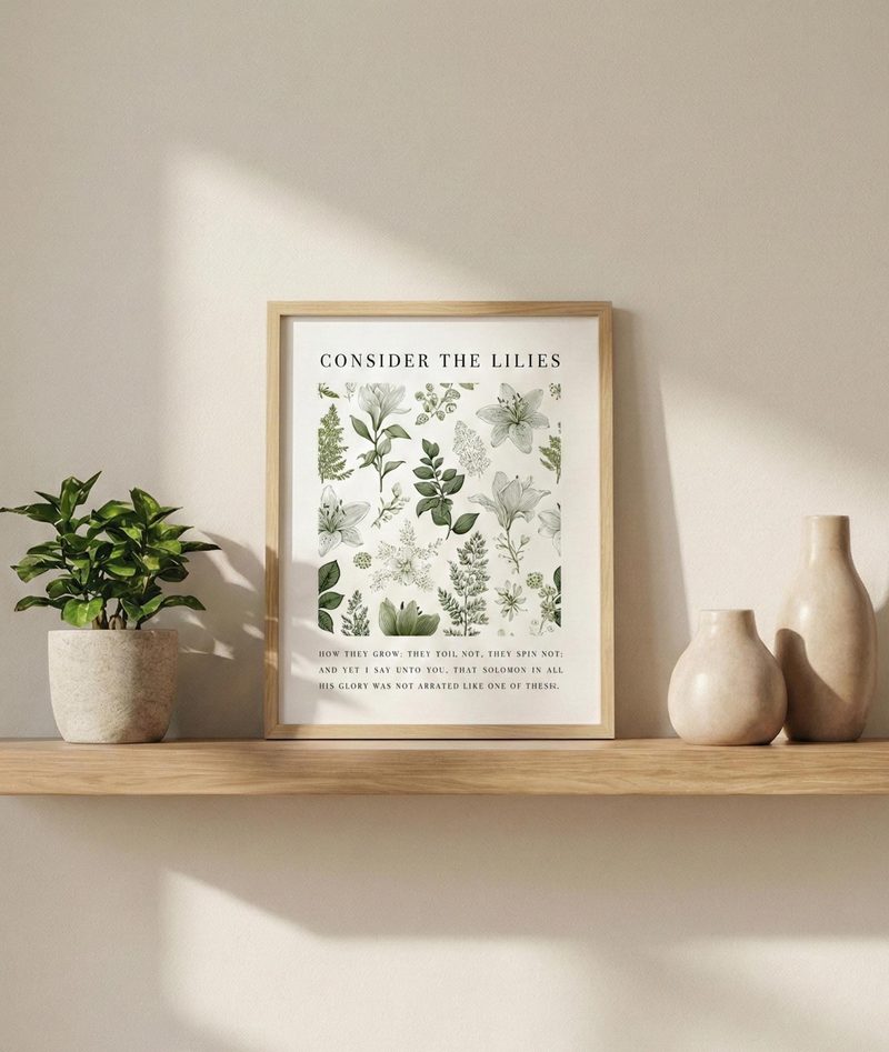 Luke 12:27 KJV fern wall art — the print in a red oak frame, on a shelf with a potted plant