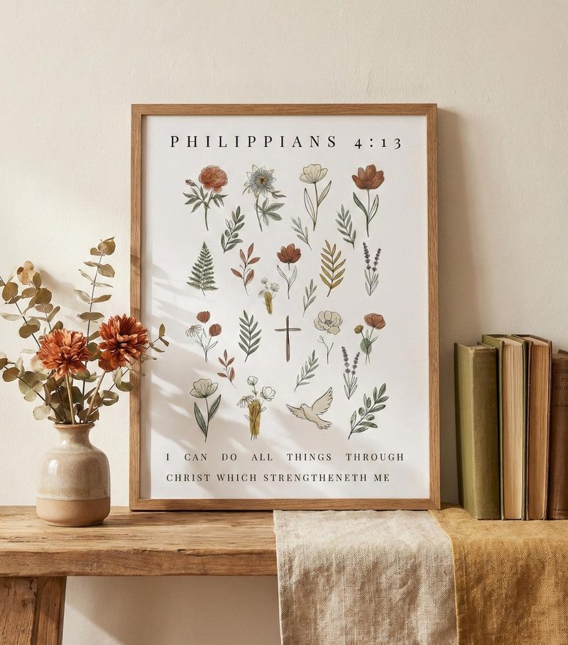 Philippians 4:13 KJV wildflower wall art — the print in a red oak frame, on a bench with dried dahlias