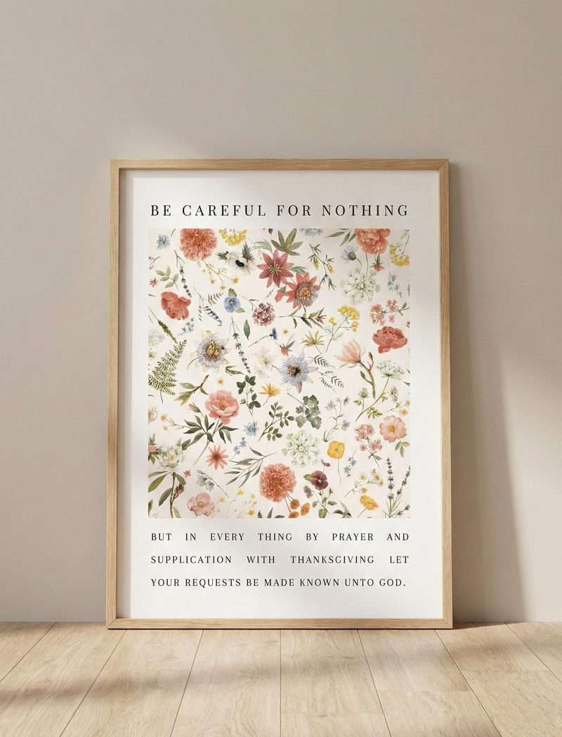 Philippians 4:6 KJV wildflower wall art — the print in a red oak frame, against a plain wall