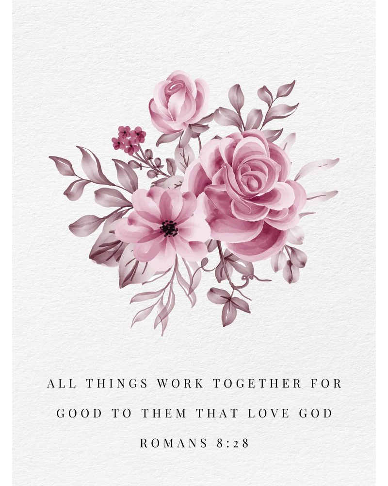Romans 8:28 KJV rose wall art — the bare sheet, as it ships, unframed